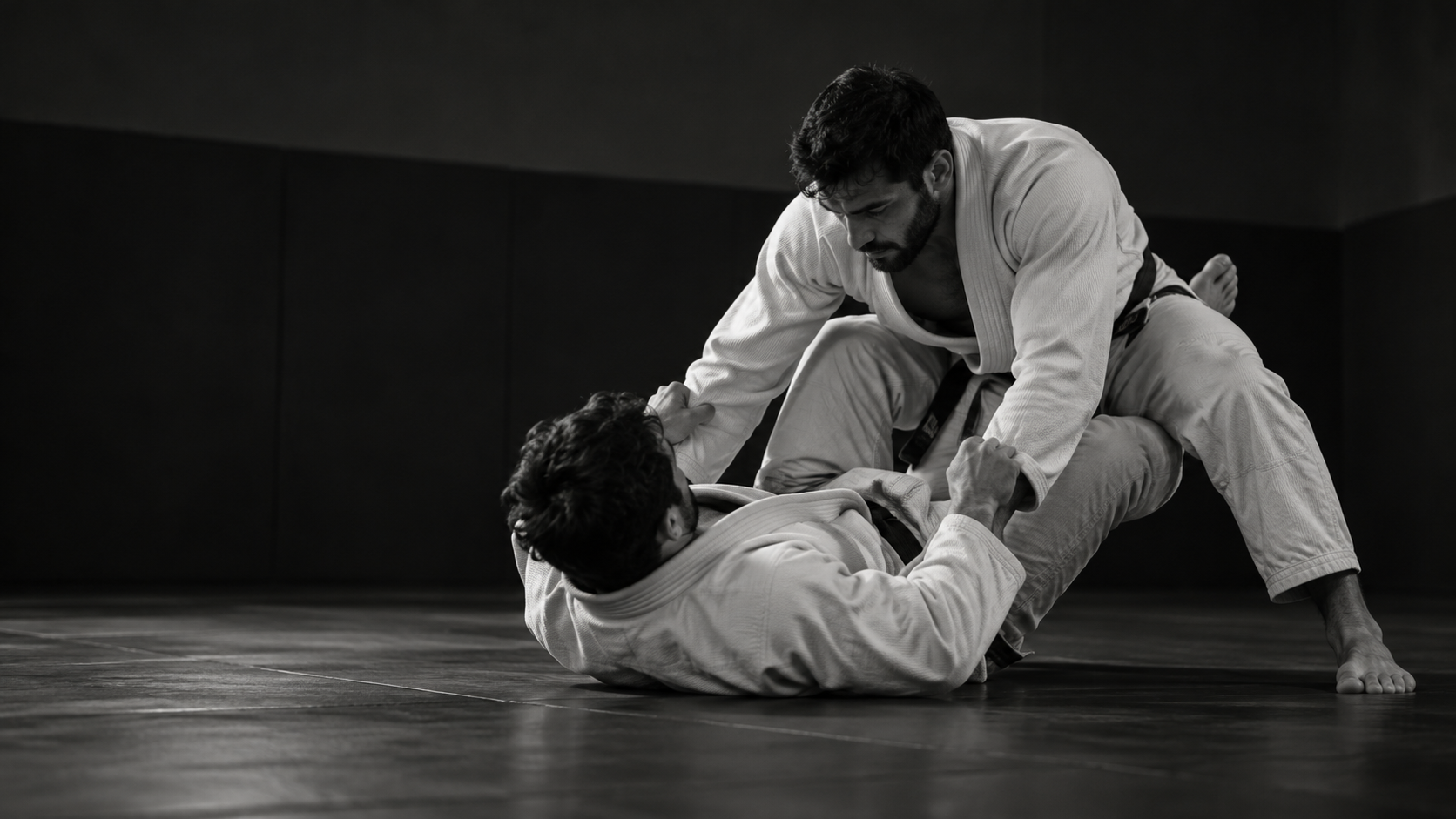 Dos practicantes de jiu-jitsu entrenando una técnica en el tatami